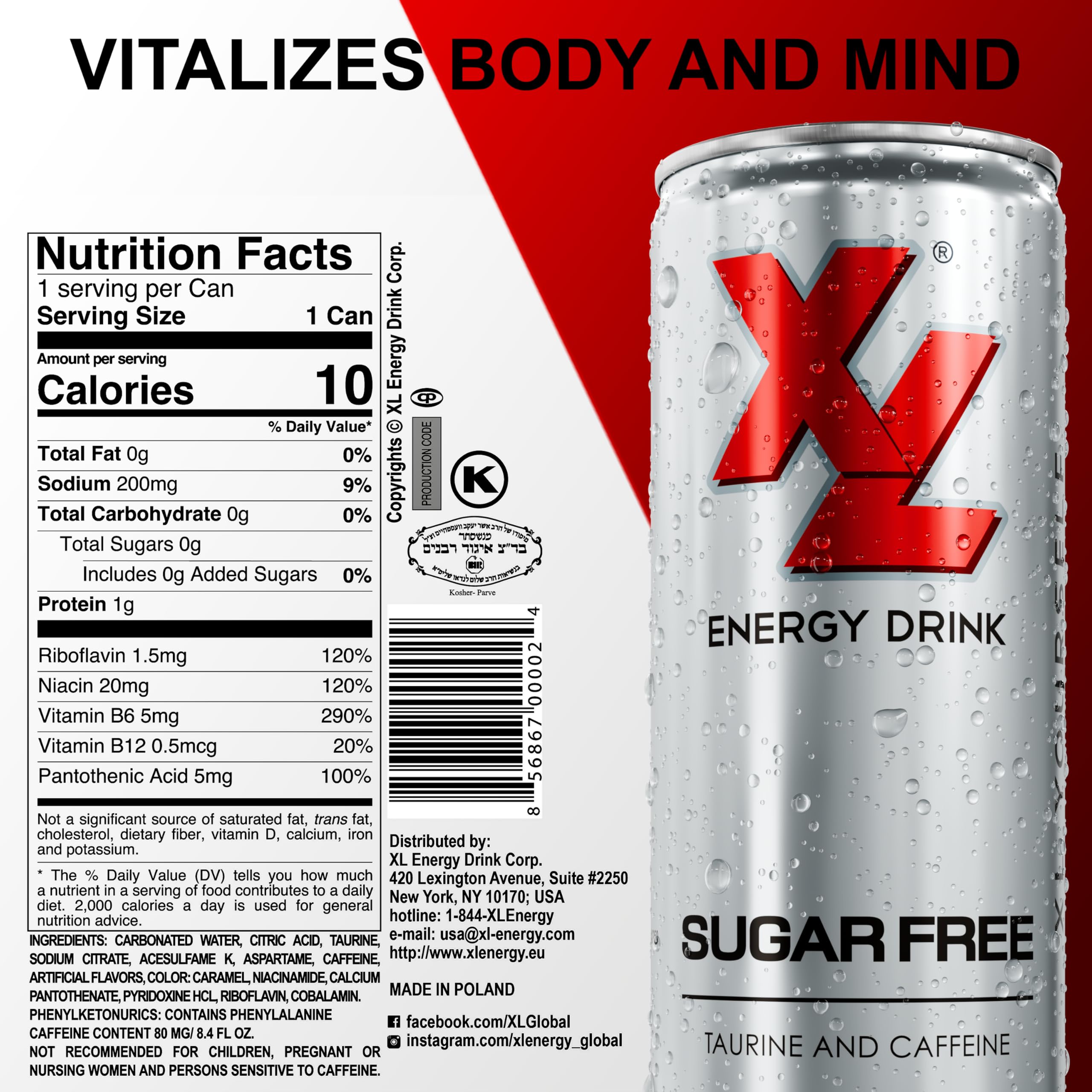 XL Energy Drink Sugar Free can side view showing zero sugar formula for keto.