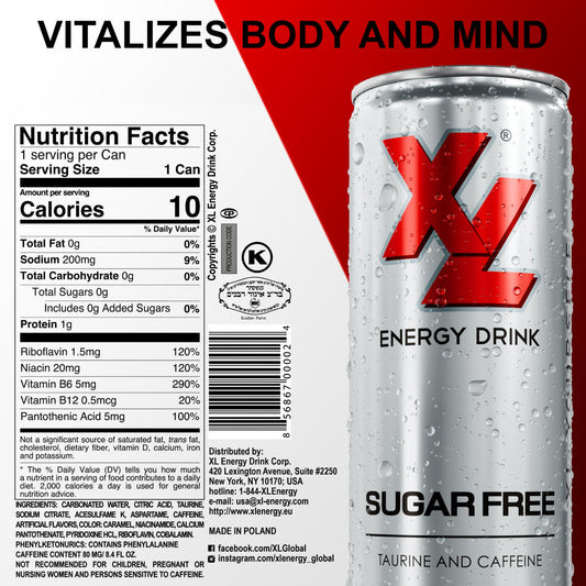 XL Energy Drink Sugar Free can side view showing zero sugar formula for keto.