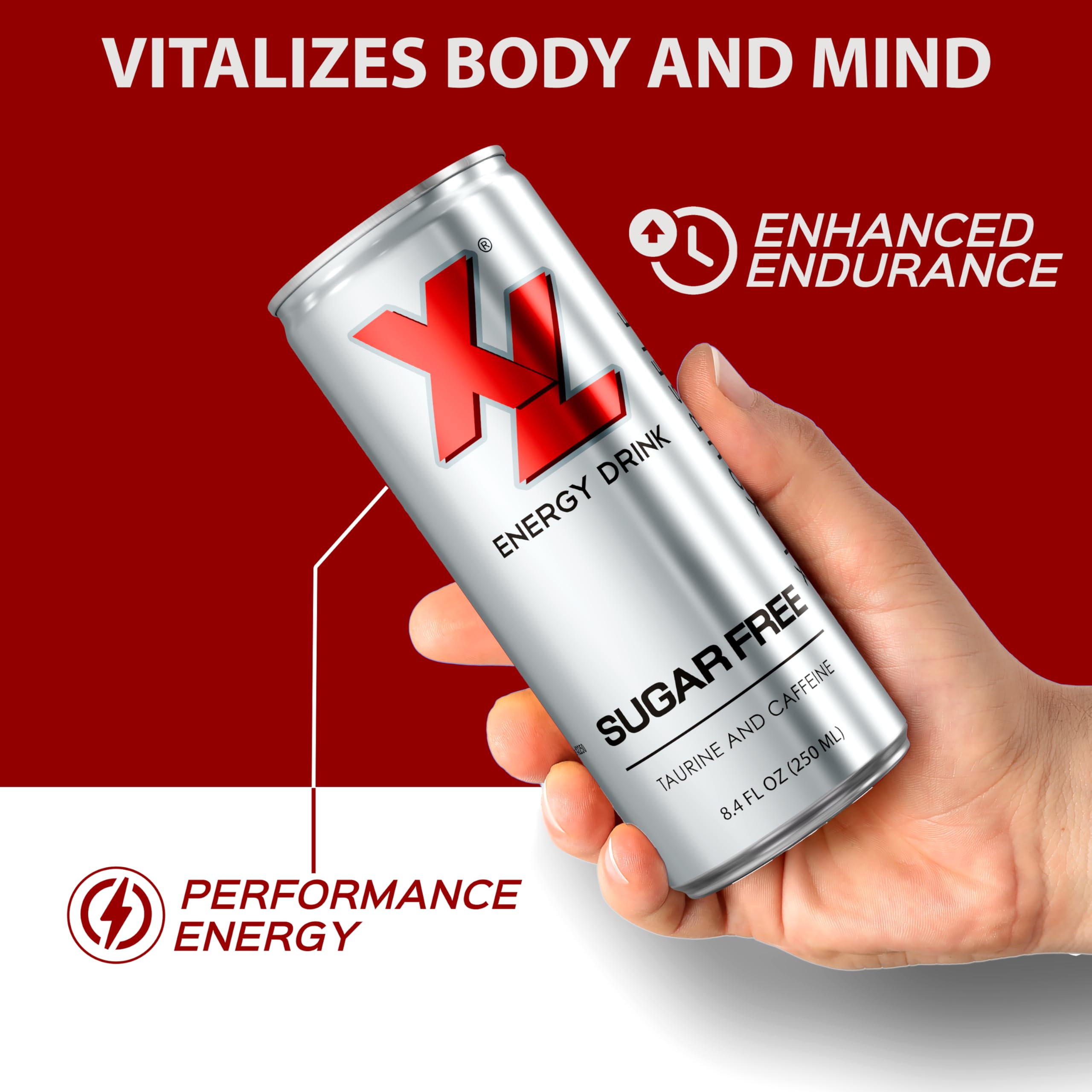 XL Energy Drink Sugar Free taurine ingredients label for mental clarity and endurance.