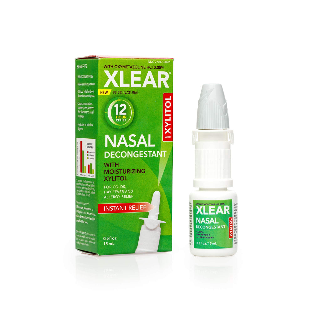 Xlear bottle label shows xylitol and natural ingredients for nasal care