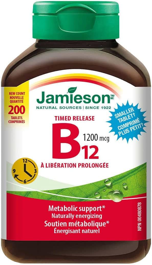 Jamieson B12 1200mcg tablets close-up showing compact timed-release design.