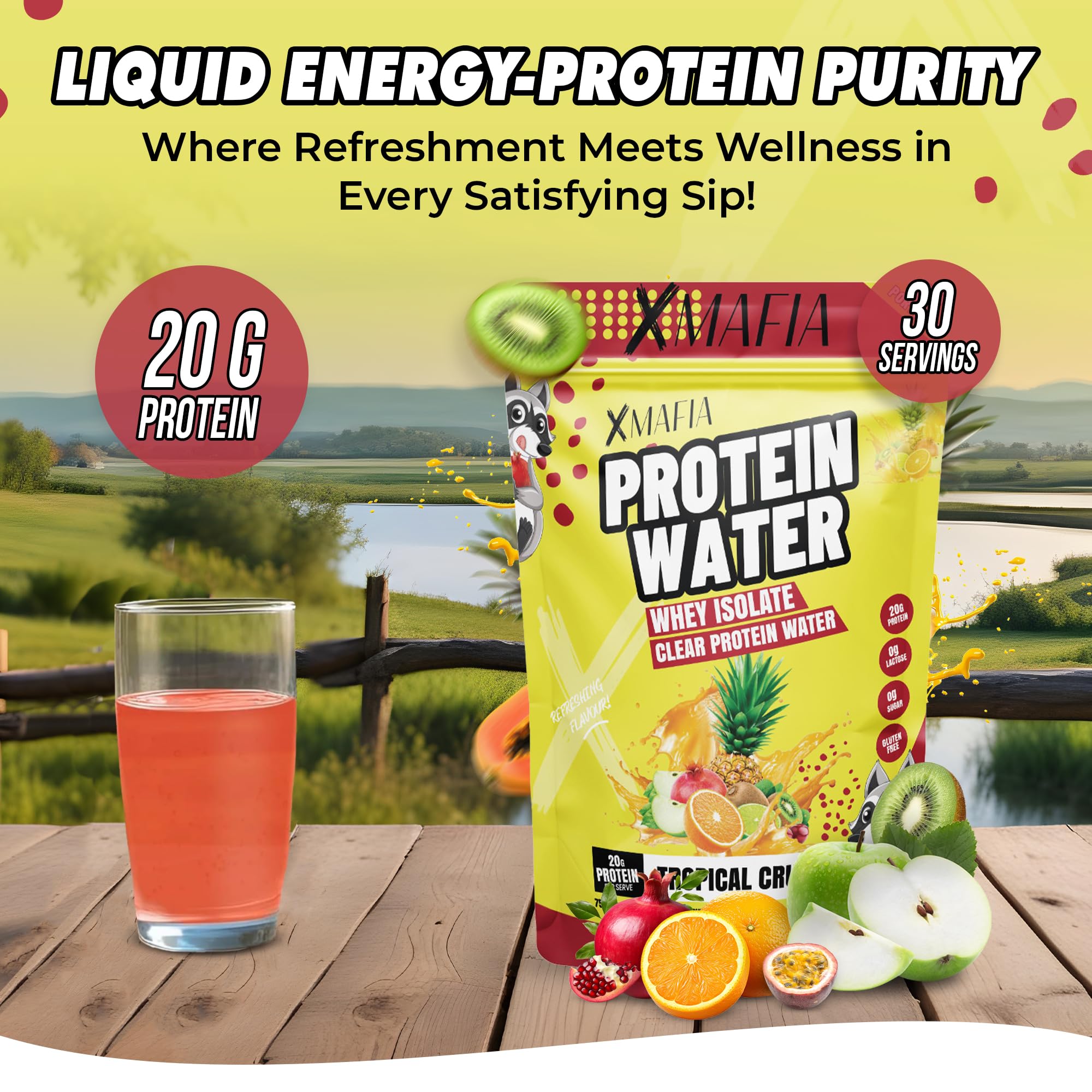 XMafia Protein Water label highlights 20g protein per serving and keto-friendly profile.