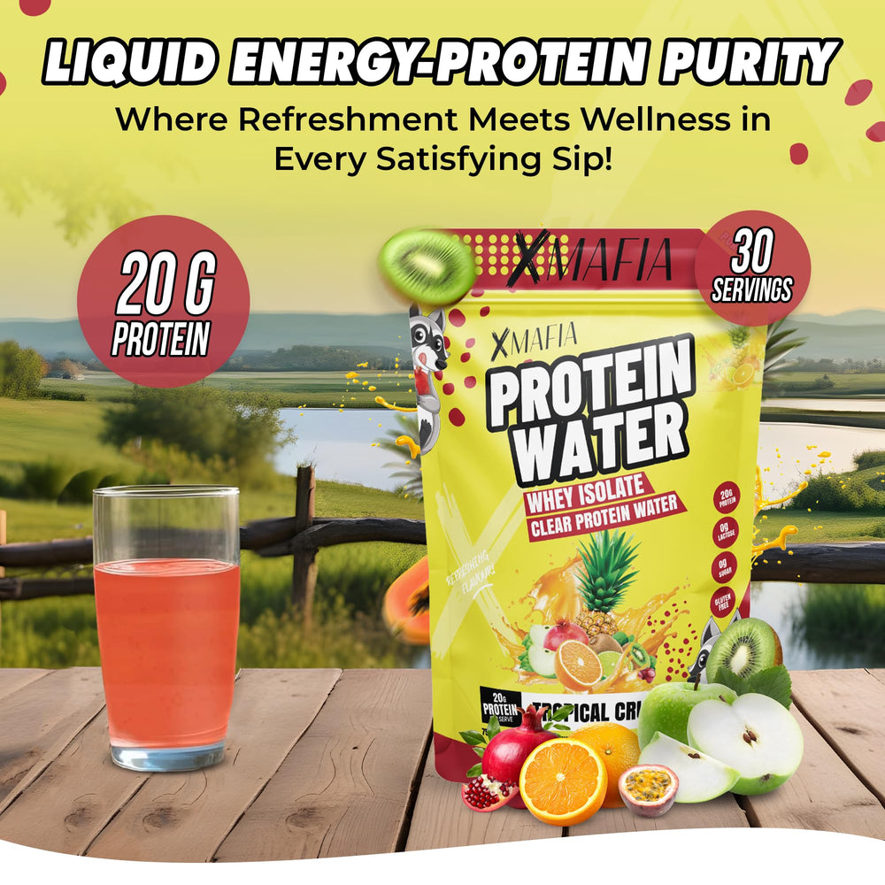 XMafia Protein Water label highlights 20g protein per serving and keto-friendly profile.
