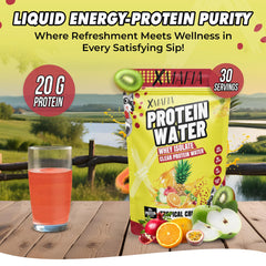XMafia Protein Water label highlights 20g protein per serving and keto-friendly profile.