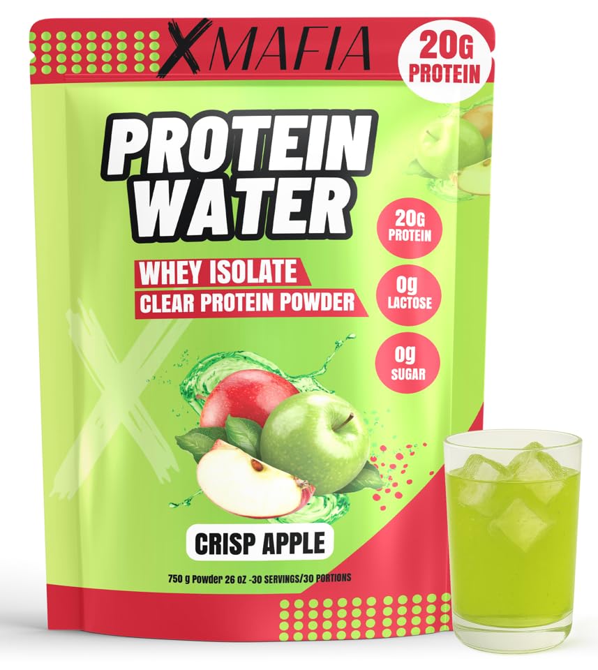 XMafia Protein Water apple bottle shows 0g sugar and 20g protein per serving