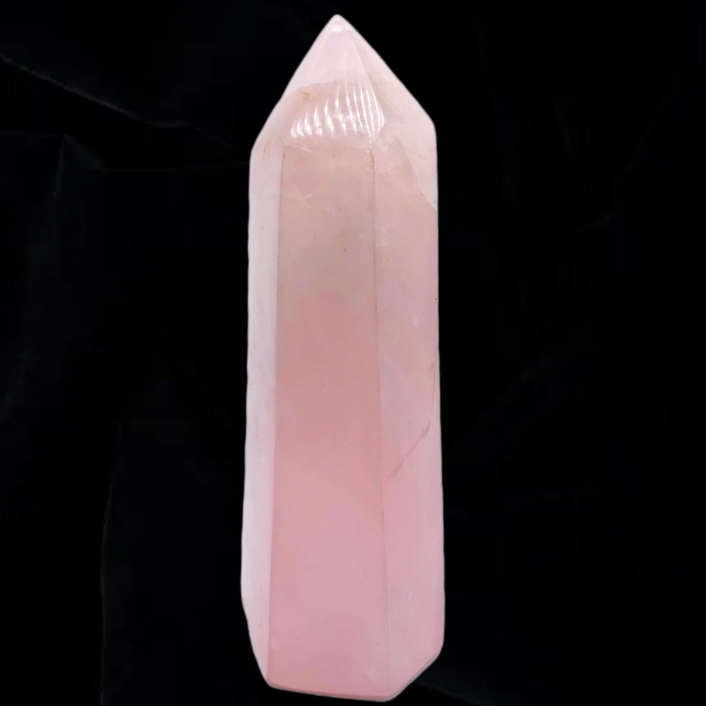 XMHOME rose quartz tower front view highlights natural color and facets for meditation.
