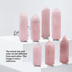XMHOME rose quartz tower held for scale shows a 1.5–2 lb size.