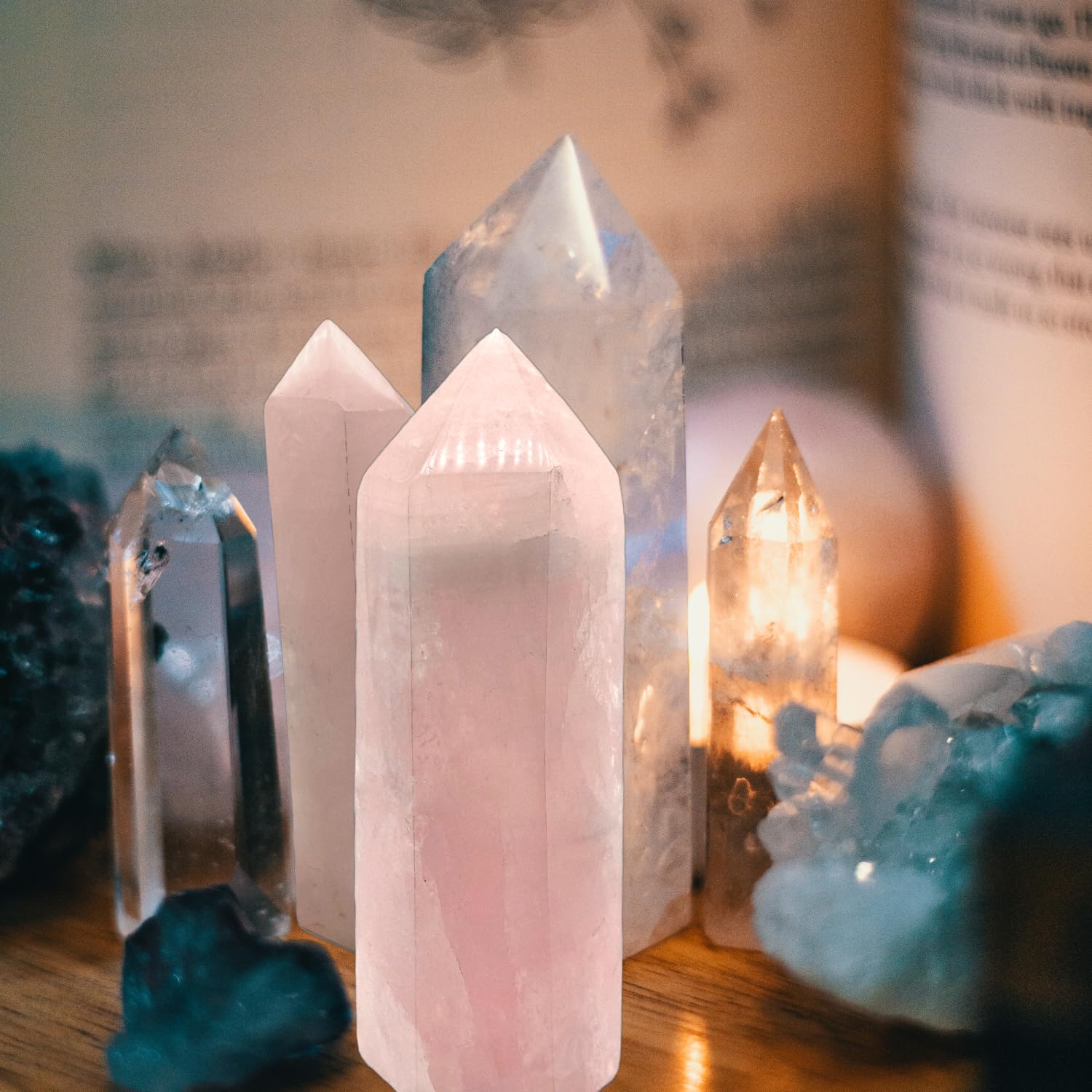 XMHOME rose quartz tower on nightstand creates soft, relaxing decor.