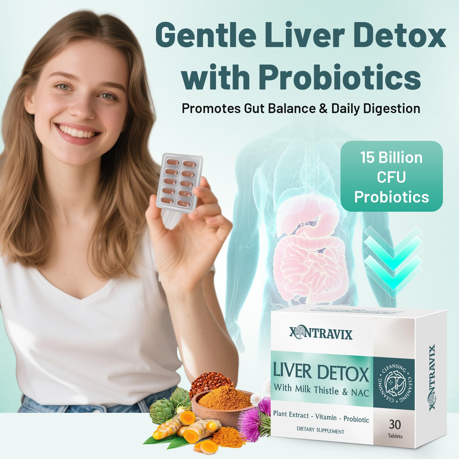 Xontravix Digestive Balance Scene shows harmony of gut and liver support.