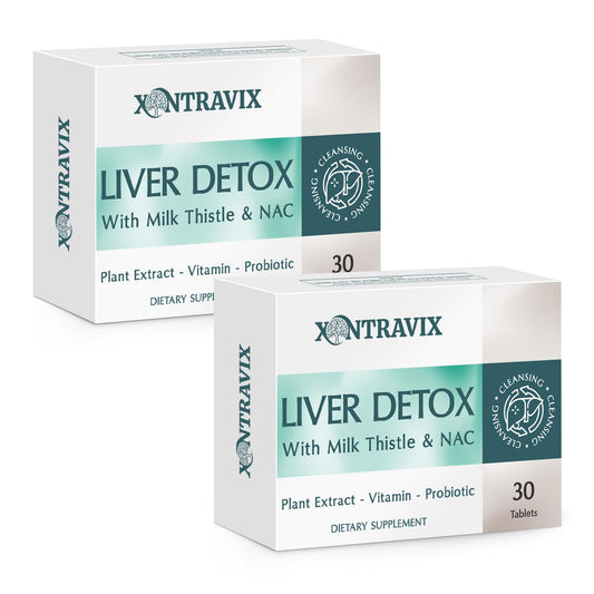 Xontravix Liver Detox blister-pack close-up shows daily wellness support.