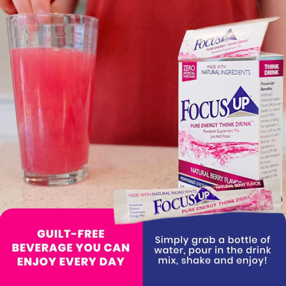 Glass with FocusUP drink highlighting clean energy and mental clarity