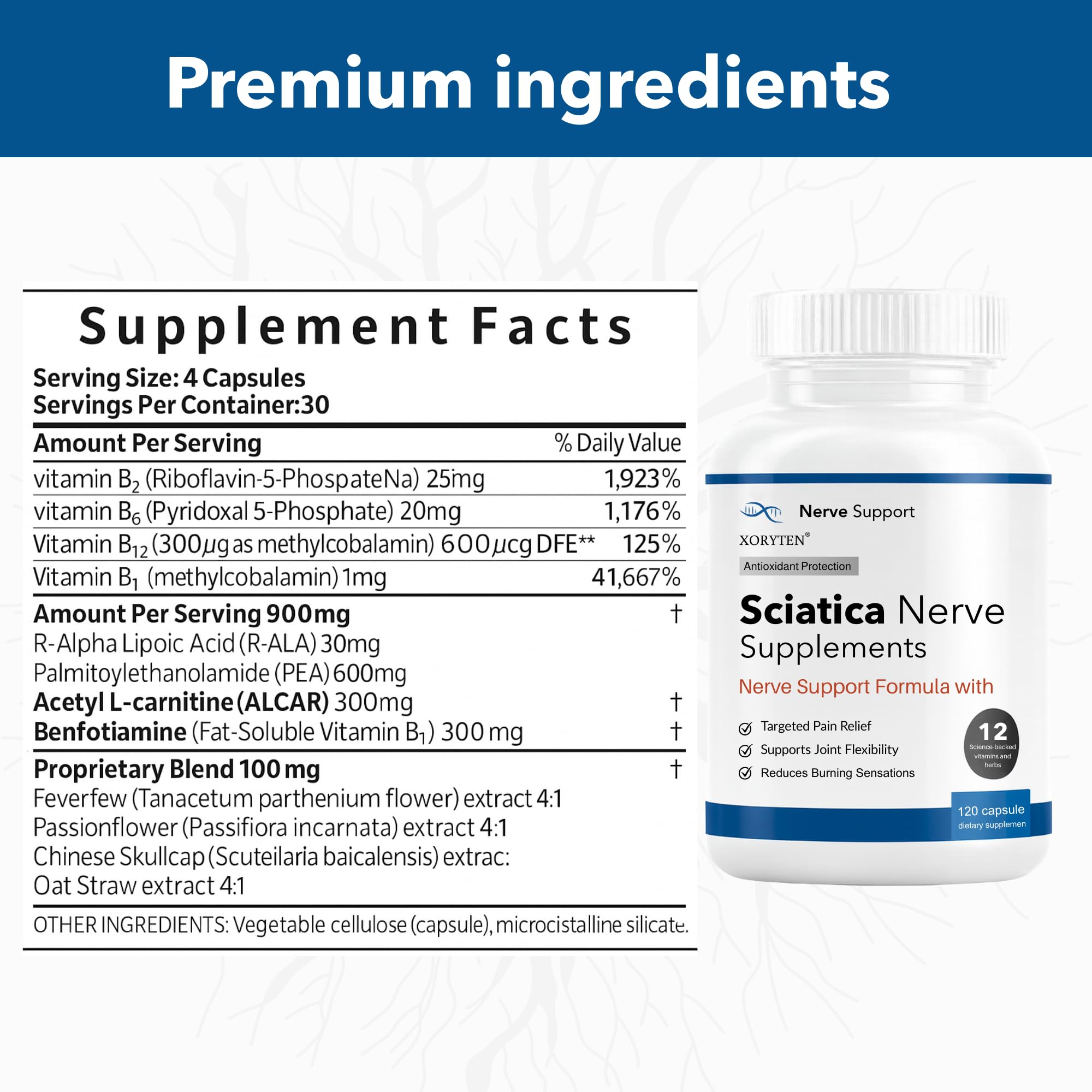 Close-up of XORYTEN sciatic capsules highlighting plant extracts.