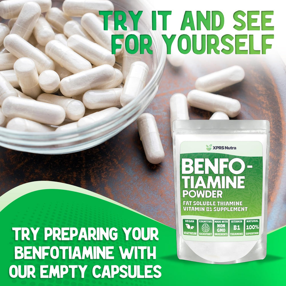 XPRS Nutra Benfotiamine bottle displays clear nutrition facts for verification.
