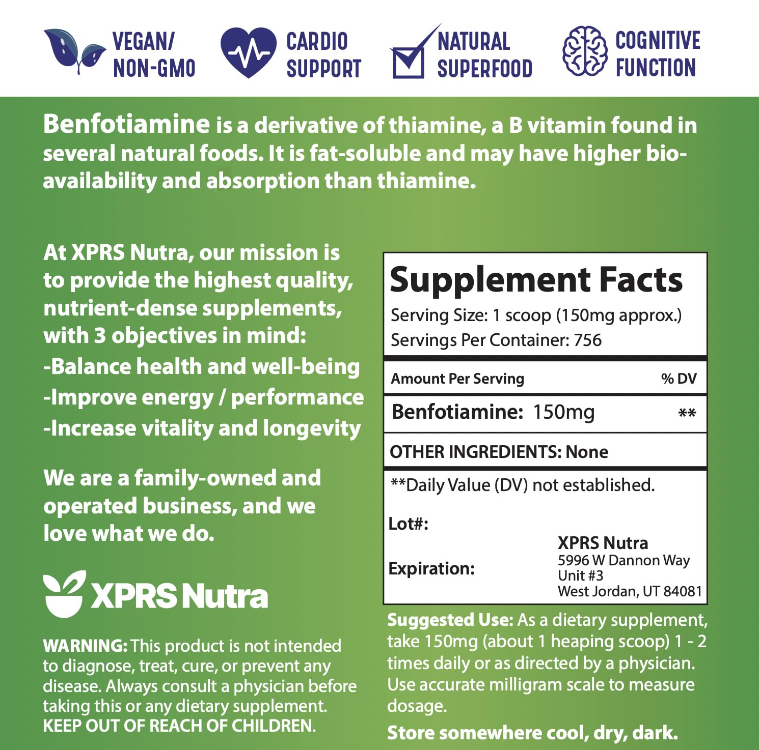 XPRS Nutra Benfotiamine Powder packaging scene, compact 4 oz jar for home use.