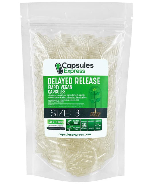 XPRS Nutra delayed-release size 3 capsules ready for bulk DIY filling and storage
