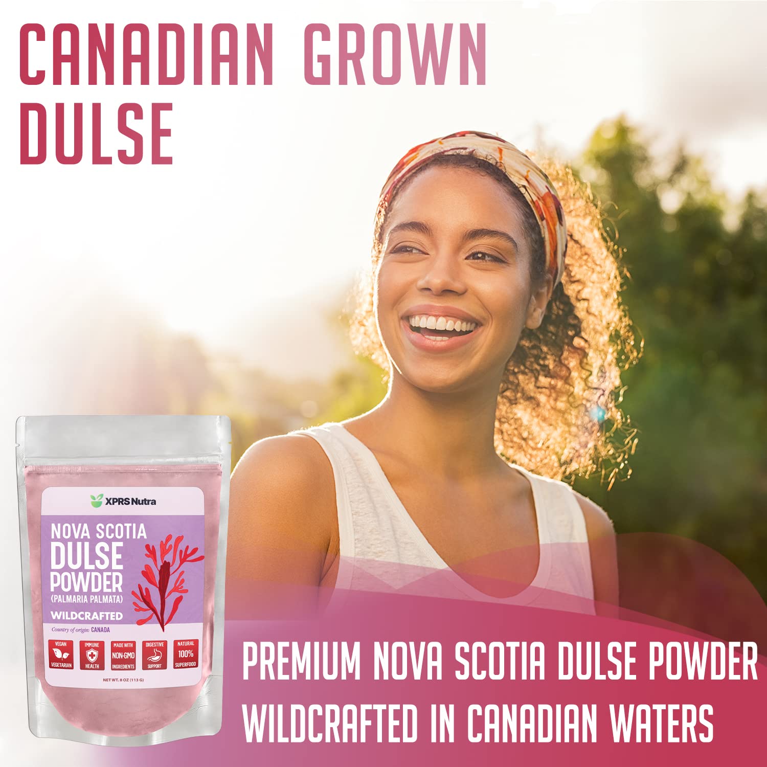 XPRS Nutra Dulse Powder being poured into a smoothie for a mineral boost