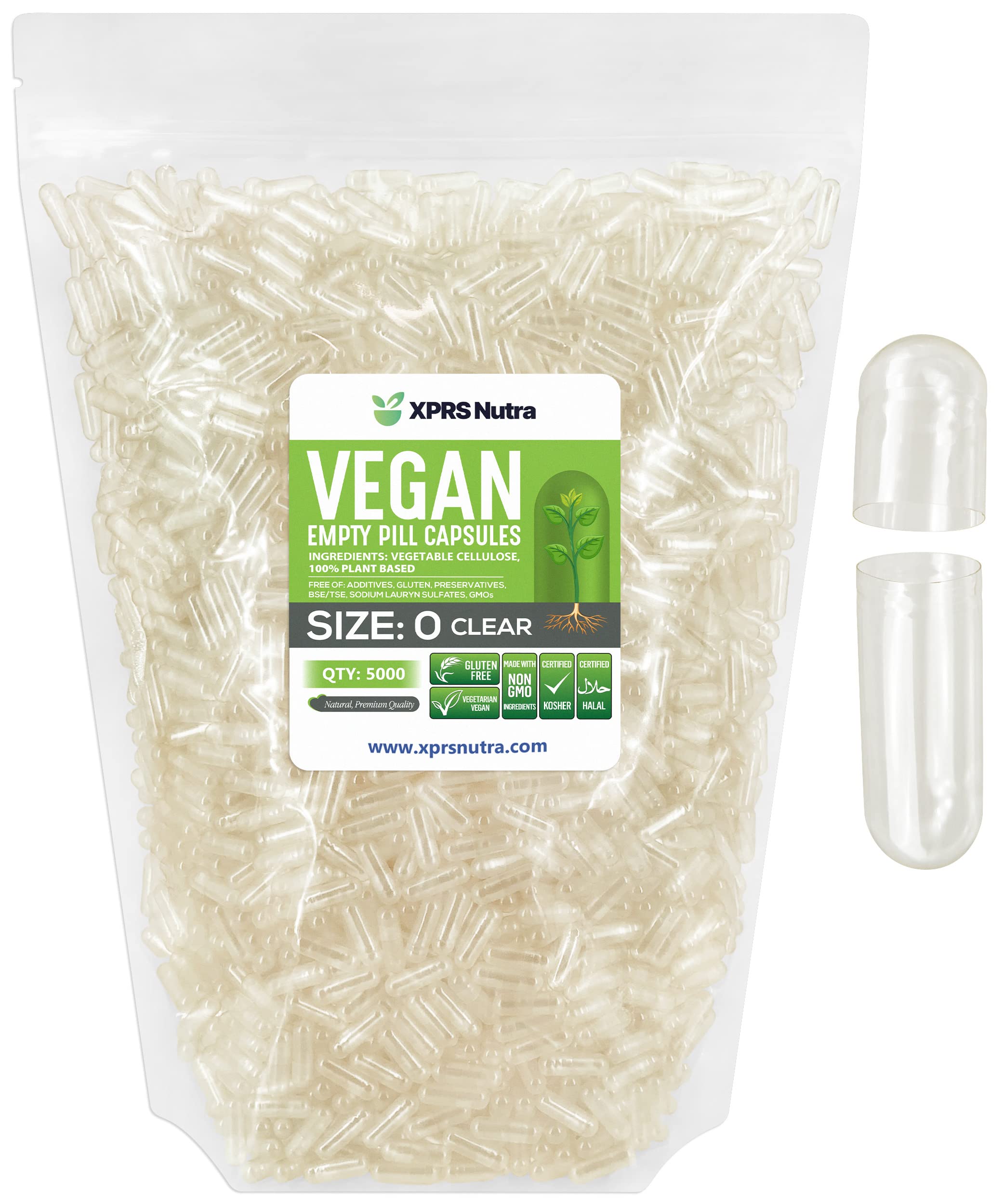 XPRS Nutra Size 0 empty capsules in clear shells for precise manual filling.