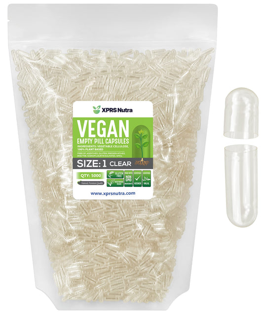 XPRS Nutra Size 1 clear vegan capsules visible for precise filling and customization