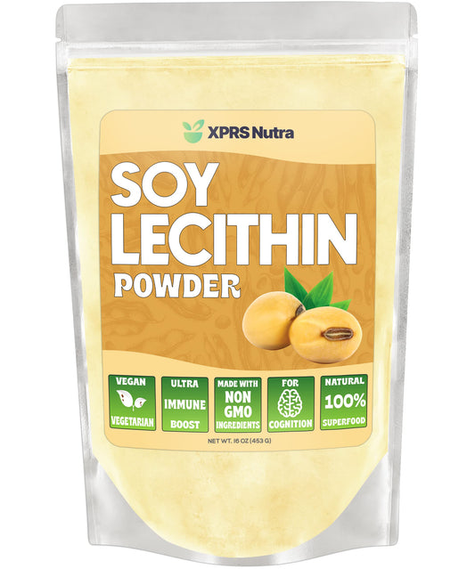 XPRS Nutra Soy Lecithin Powder in a jar emulsifies batters for smooth baking results.