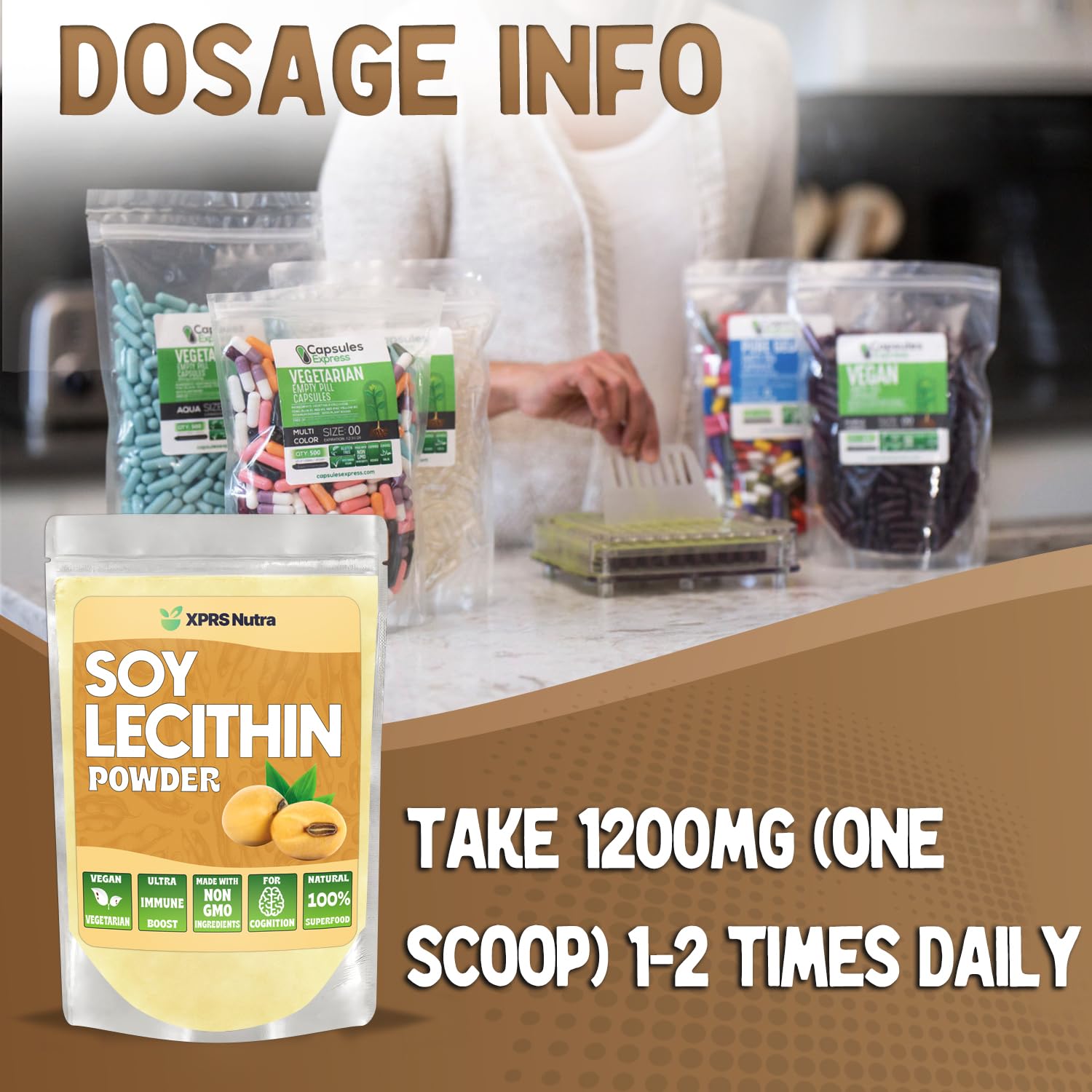 XPRS Nutra Soy Lecithin Powder label closeup highlights vegan-friendly fat emulsifier for cooking.
