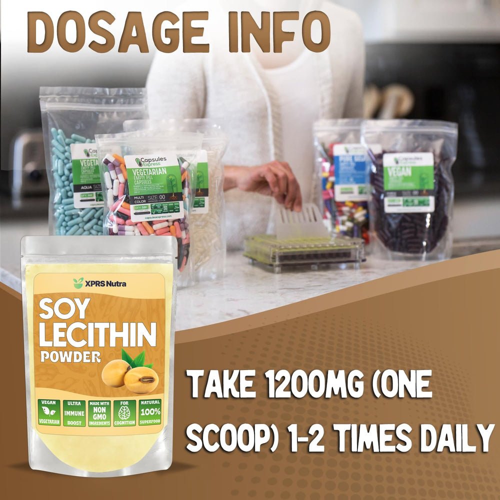 XPRS Nutra Soy Lecithin Powder label closeup highlights vegan-friendly fat emulsifier for cooking.