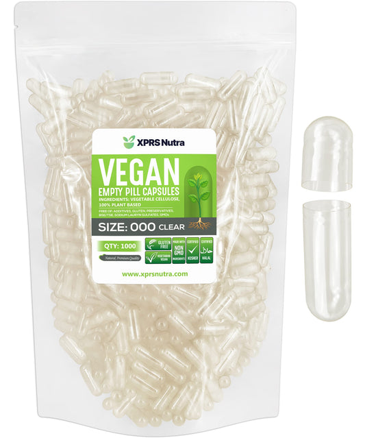 XPRS Nutra vegan size 000 capsules in clear shells for DIY filling and tracking