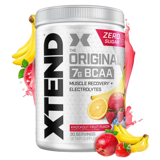Xtend Original BCaa Powder bottle highlighting 7g BCAAs for recovery and hydration.
