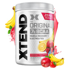 Xtend Original BCaa Powder bottle highlighting 7g BCAAs for recovery and hydration.