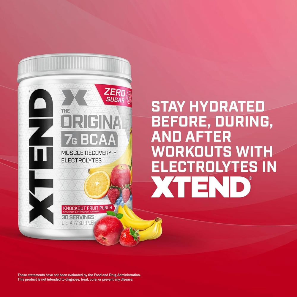 Xtend Original BCaa Powder ingredients graphic communicates amino acids and hydration benefits.
