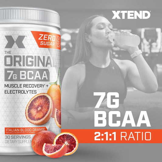 Close-up of Xtend Original BCAA powder label highlighting 7g BCAAs per serving