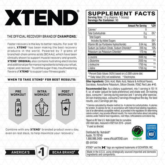 Xtend Original BCAA powder pours into a glass for hydration during workouts.