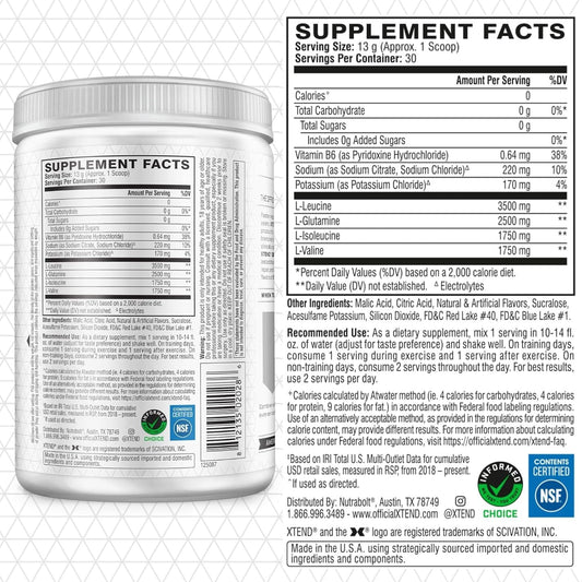 Xtend Original BCaa Powder scoop illustrating easy daily dosing during workouts.