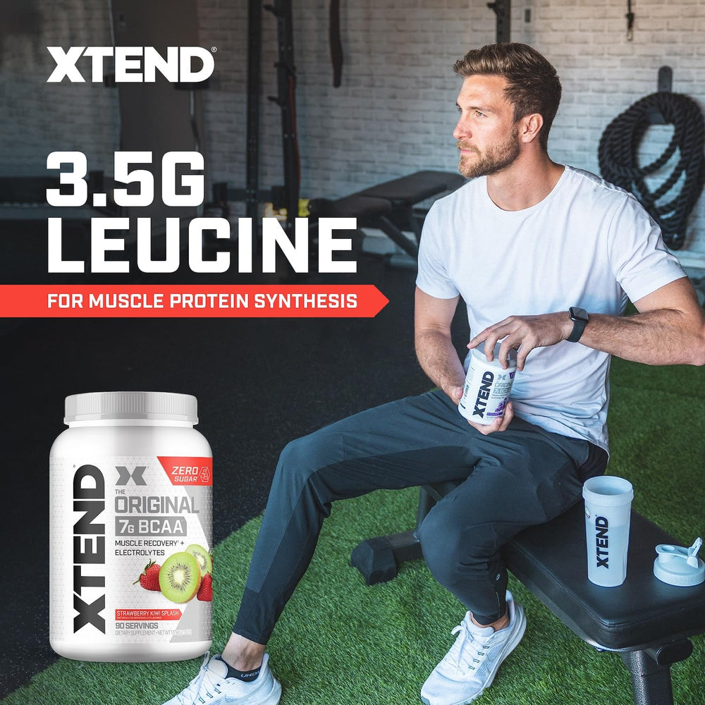 Xtend Original BCAA tub label shows 7g BCAAs per serving and electrolytes.