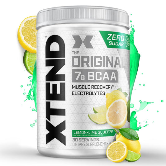 Xtend Original BCAA powder bottle with lemon lime flavor supports hydration and recovery.