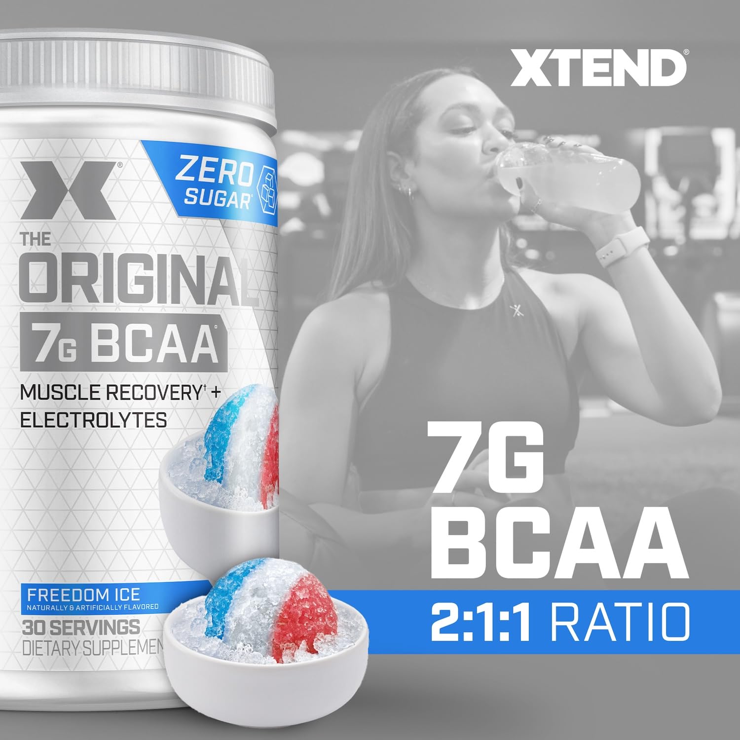 Mixing glass with Xtend powder ready for a refreshing workout drink