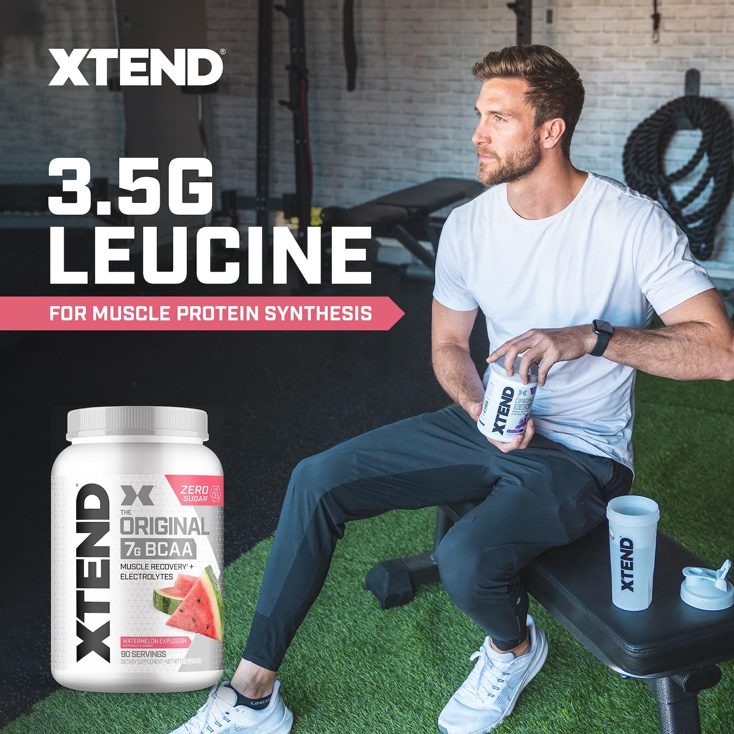 Scoop of Xtend powder beside a jar, signaling easy mixability.
