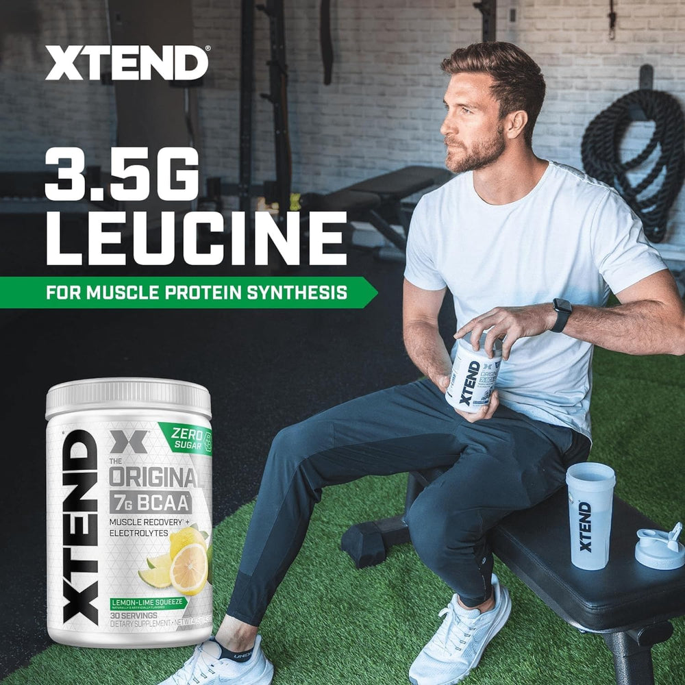 Xtend Original BCAA powder tub label highlights electrolytes and sugar free formula.
