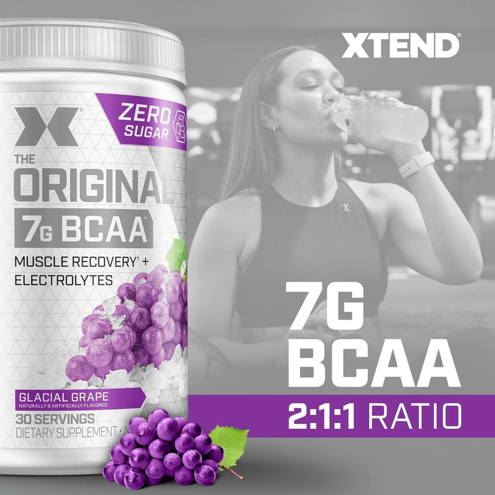 Xtend Original BCAA Glacial Grape glass shows hydration during workouts.