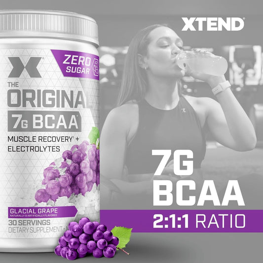 Xtend Original BCAA Glacial Grape glass shows hydration during workouts.