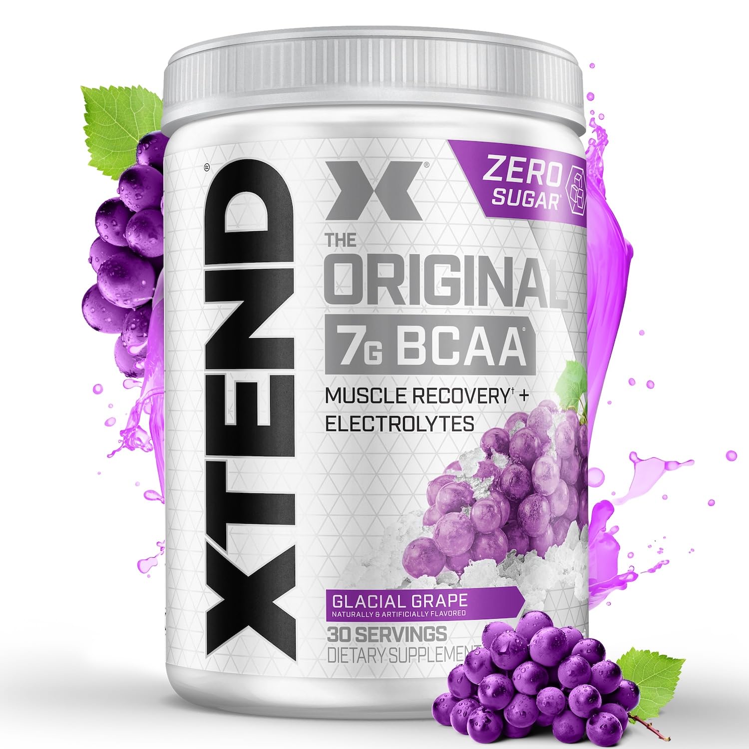 Xtend Original BCAA Glacial Grape tub highlighting 30 servings for recovery.