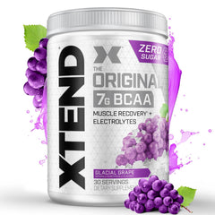 Xtend Original BCAA Glacial Grape tub highlighting 30 servings for recovery.