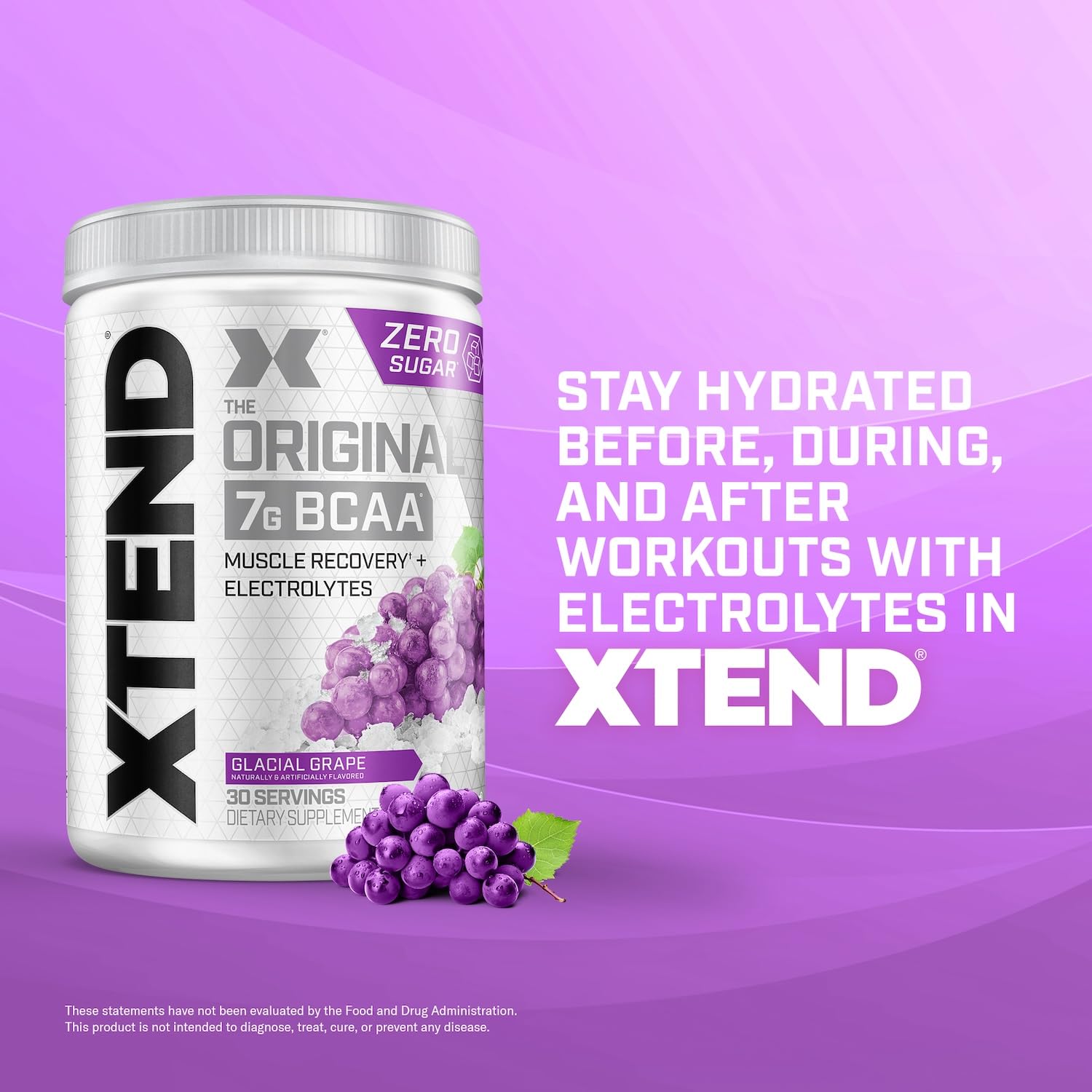 Xtend Original BCAA Glacial Grape scoop emphasizes 7g BCAAs per serving.