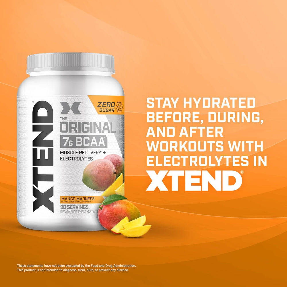 Xtend Original BCAA Powder flavor lineup showcases Mango Madness among options.