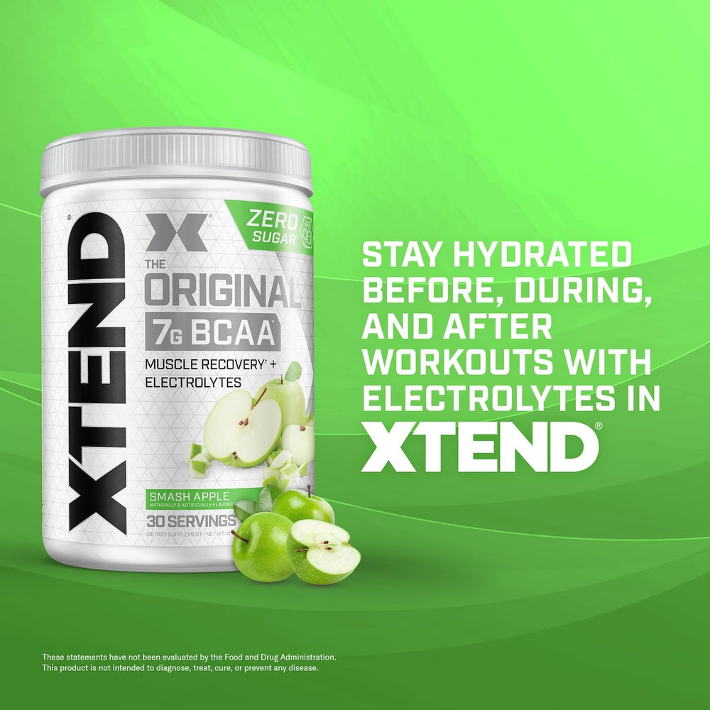Xtend Original BCAA powder in a glass with ice, highlighting a refreshing sugar-free drink.