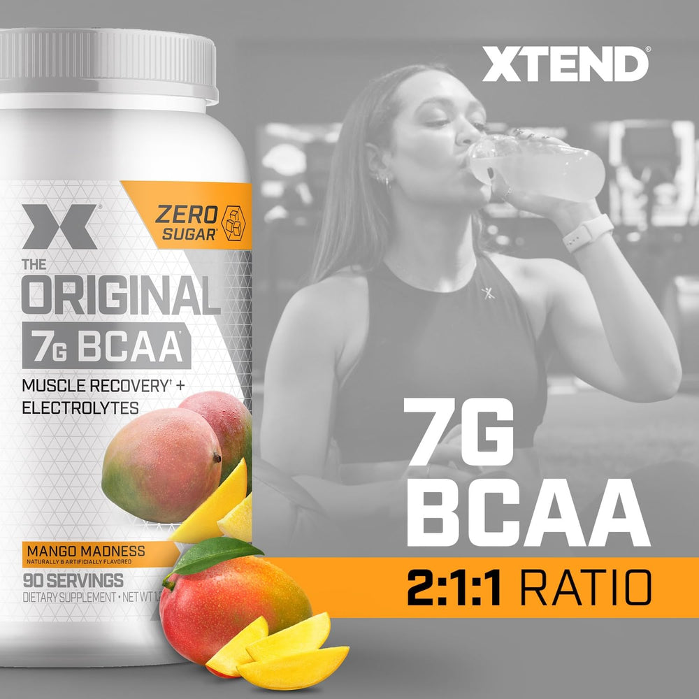 Xtend Original BCAA Powder ingredients panel highlights sugar-free formula and zero calories.