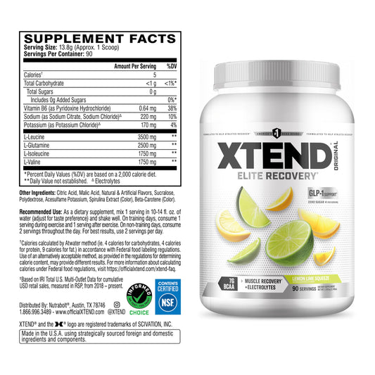 Xtend BCAA jar close-up showing 2.5g L-Glutamine for muscle support