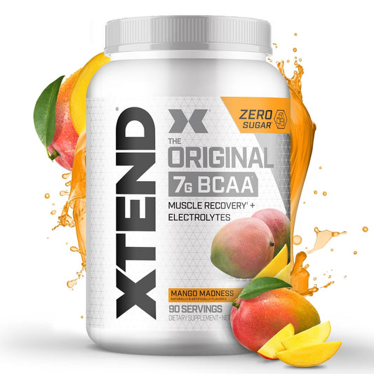 Xtend Original BCAA Powder Mango Madness bottle supports post-workout recovery with refreshing flavor.