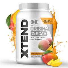 Xtend Original BCAA Powder Mango Madness bottle supports post-workout recovery with refreshing flavor.