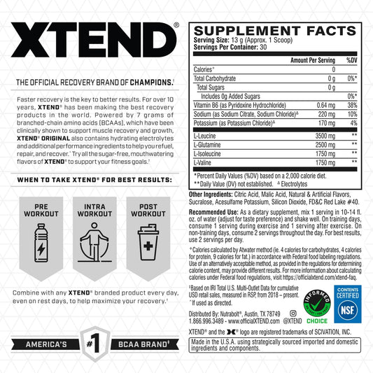 Xtend Original BCAA tub front view, 7g BCAAs for muscle support during workouts.