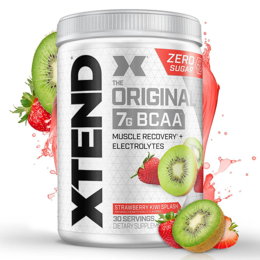 Xtend Original BCAA powder bottle, strawberry-kiwi splash, ideal for post-workout refreshment.